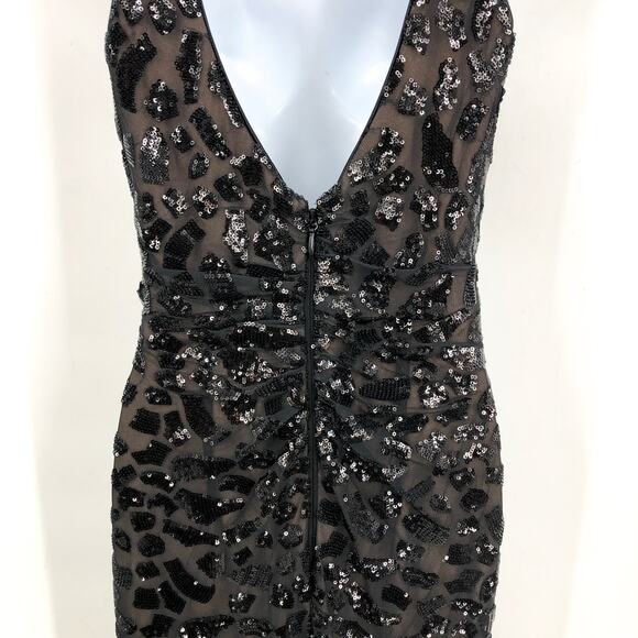 DRESS THE POPULATION Sequin Ruffle Slit Maxi Dress Small Black Leopard NWOT - Picture 6 of 7